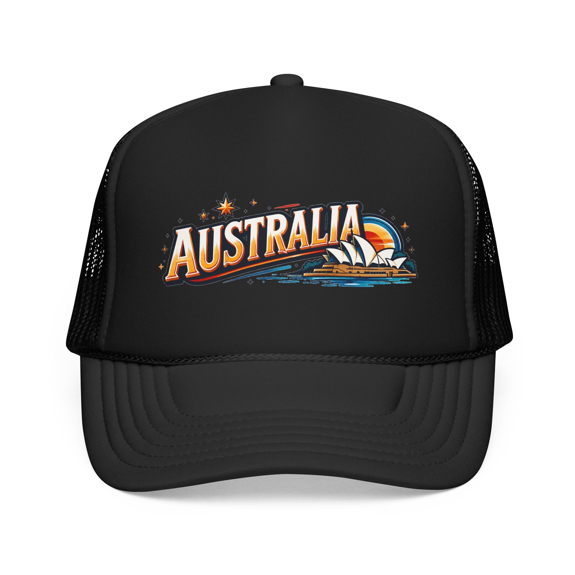All-black trucker cap with Australia graphic on front and curved brim