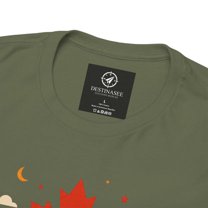 Olive green T-shirt close-up with “DestiNasee” patch and maple leaf graphic