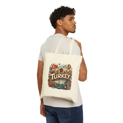 Natural canvas tote bag with colorful Turkey travel graphic, worn on shoulder