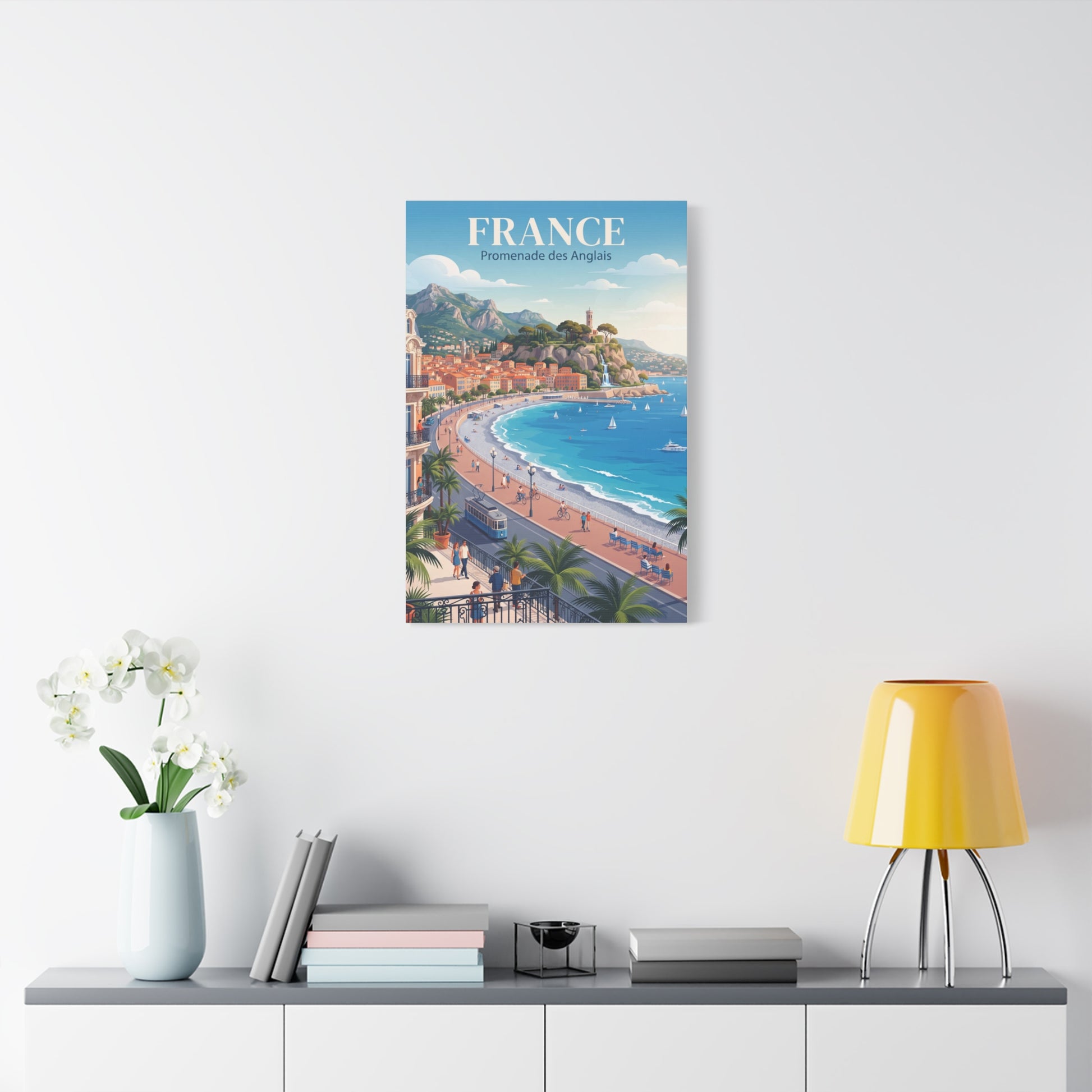 Wall-mounted matte canvas of the France coast with beach promenade and palm trees.