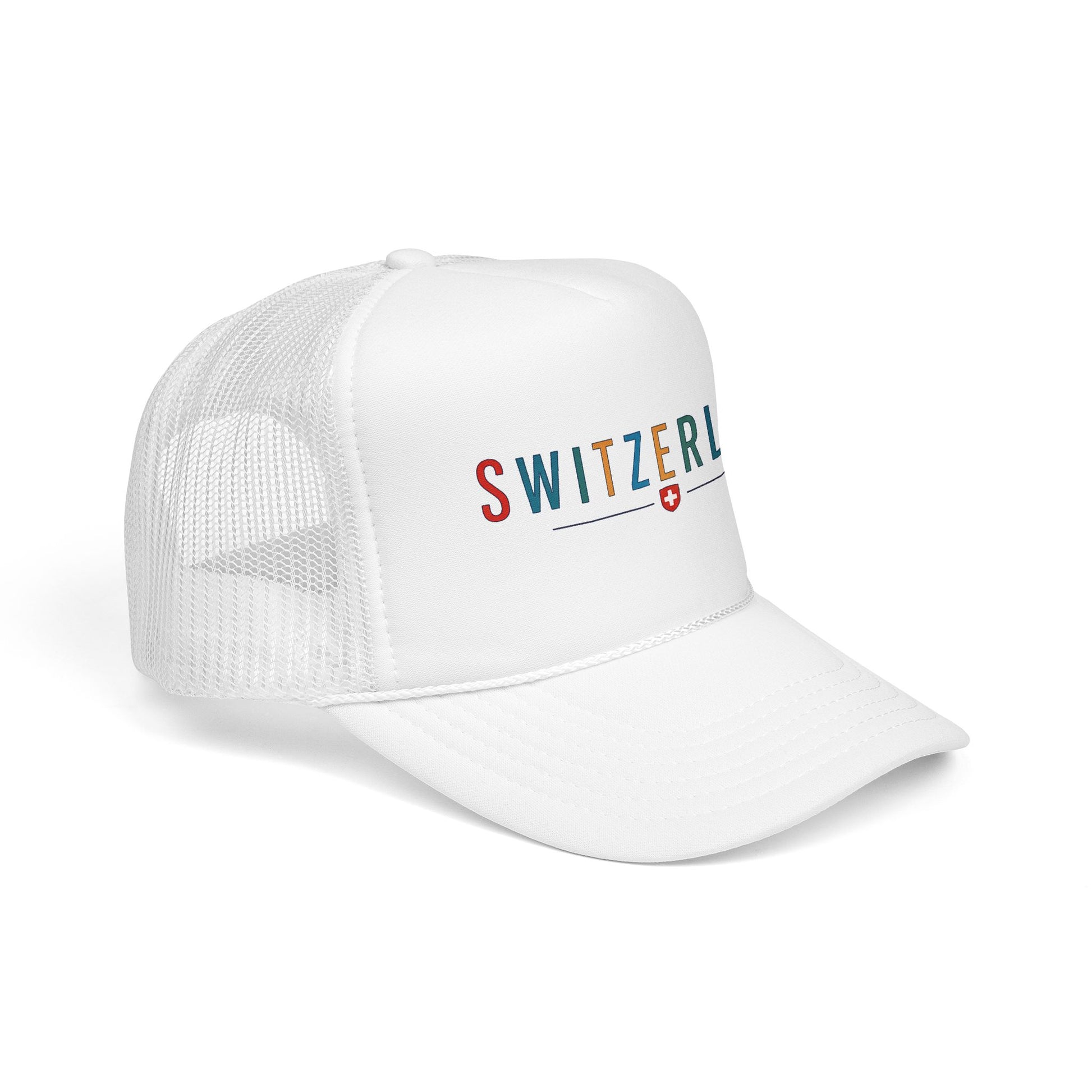 White trucker cap with mesh back and SWITZERLAND logo on the front