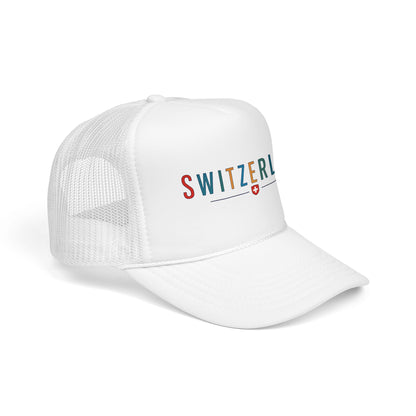 White trucker cap with mesh back and SWITZERLAND logo on the front