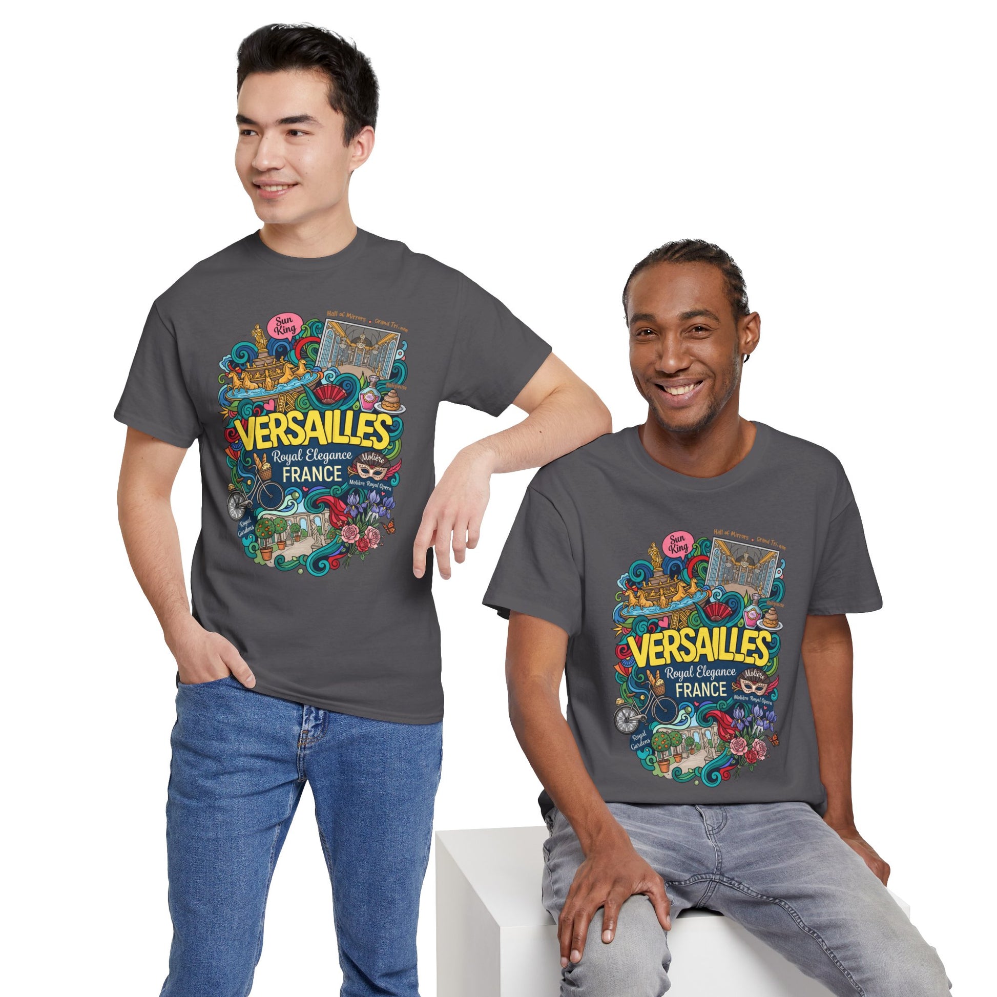 Charcoal crew-neck graphic t-shirt worn by models with blue jeans