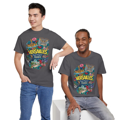 Charcoal crew-neck graphic t-shirt worn by models with blue jeans