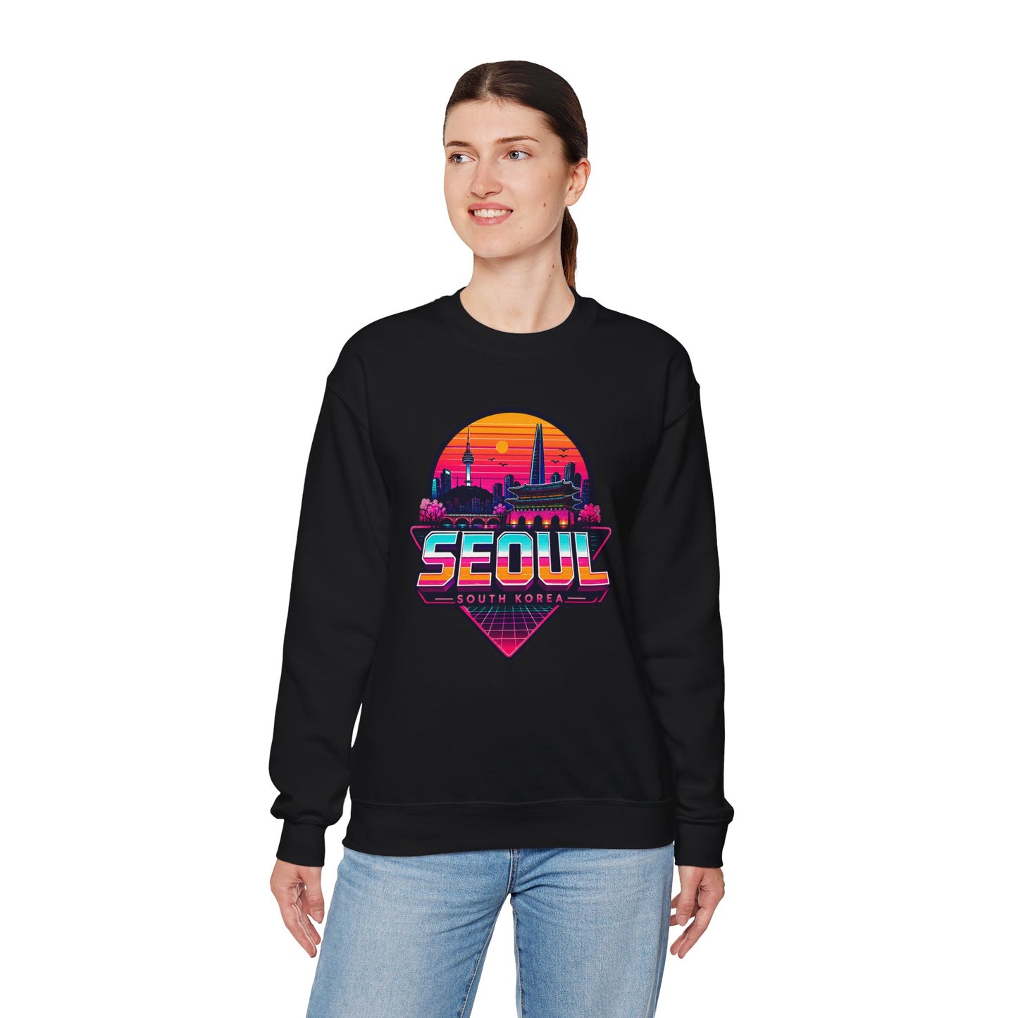 Black crewneck sweatshirt with multicolor Seoul city graphic