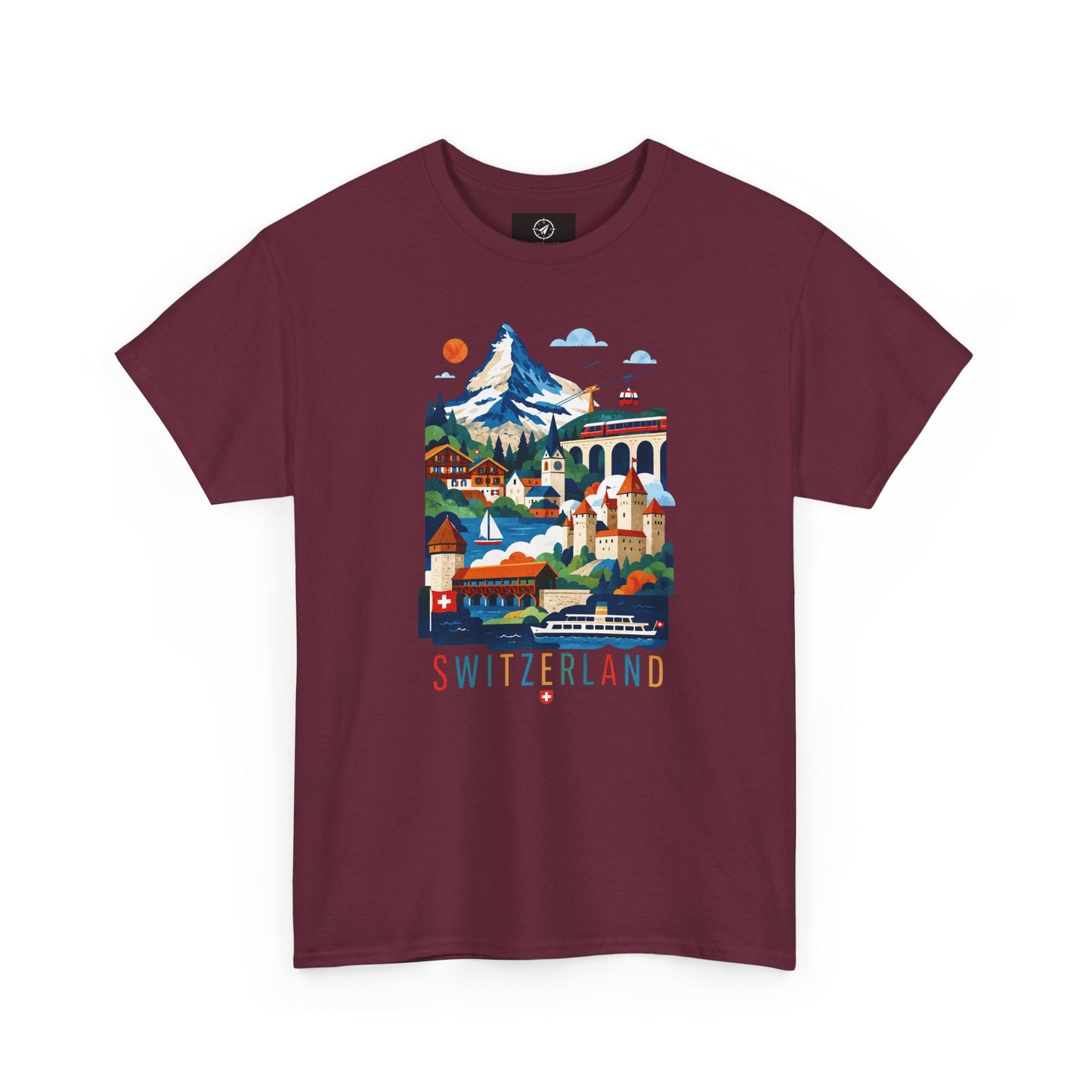 Maroon T-shirt with colorful Switzerland village graphic on the front