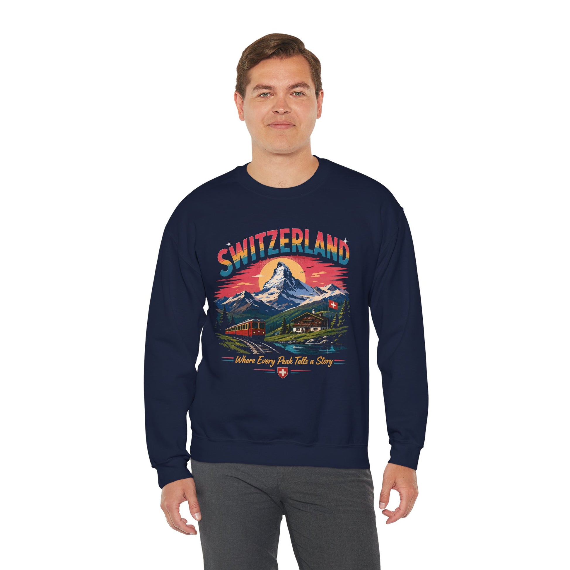 Maroon crewneck sweatshirt with colorful Switzerland graphic on front