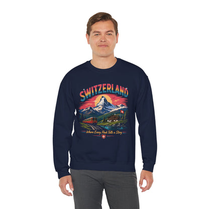 Maroon crewneck sweatshirt with colorful Switzerland graphic on front