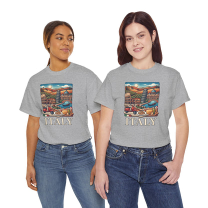 Light gray crew-neck t-shirt with colorful Italy graphic and “ITALY” text