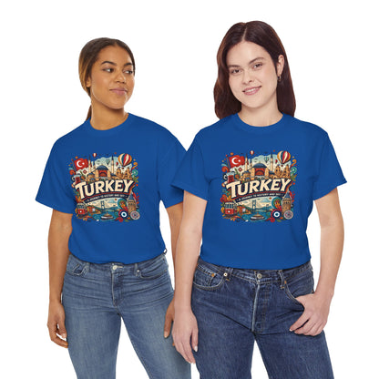 Light blue Turkey graphic t-shirt on two women, colorful front print, short sleeves