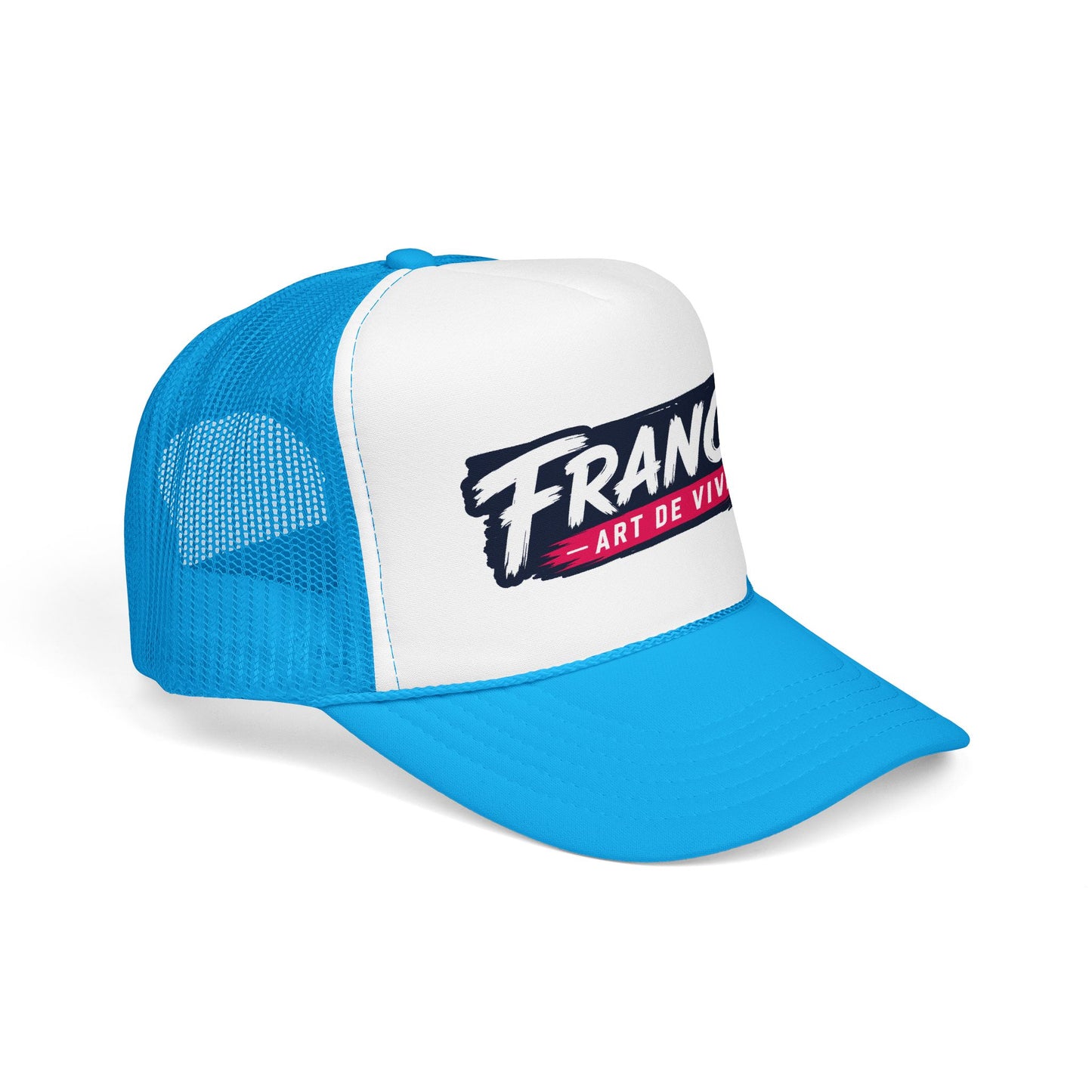 White-and-blue trucker hat with mesh sides, blue brim, and 'FRANCE Art de Vivre' logo