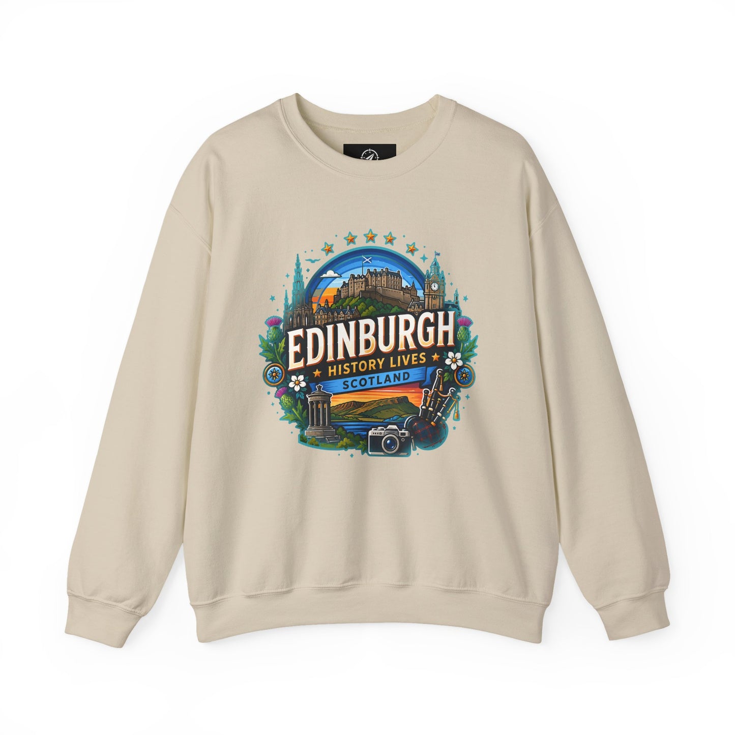 Light sand crewneck sweatshirt with front “Edinburgh” graphic print