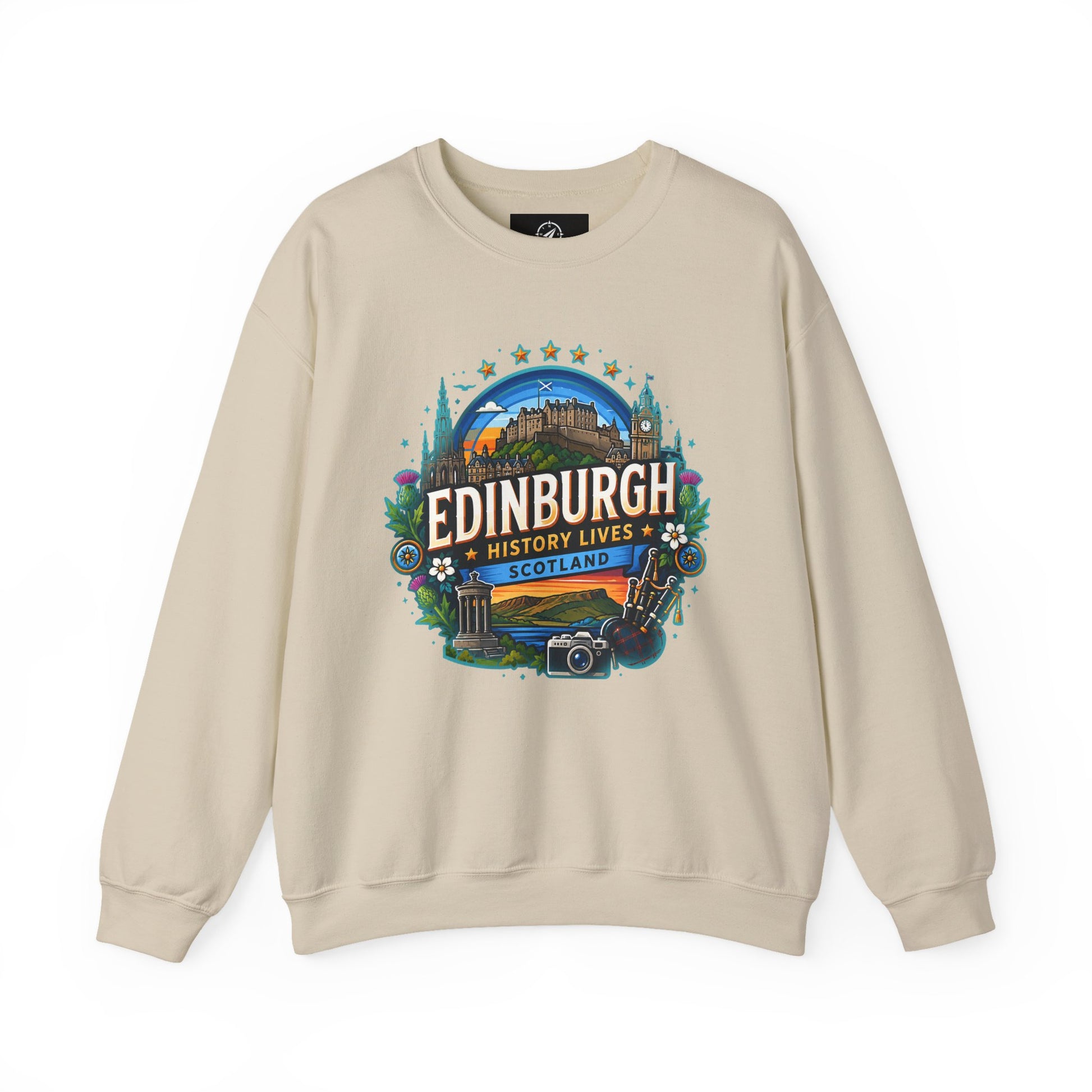 Light sand crewneck sweatshirt with front “Edinburgh” graphic print