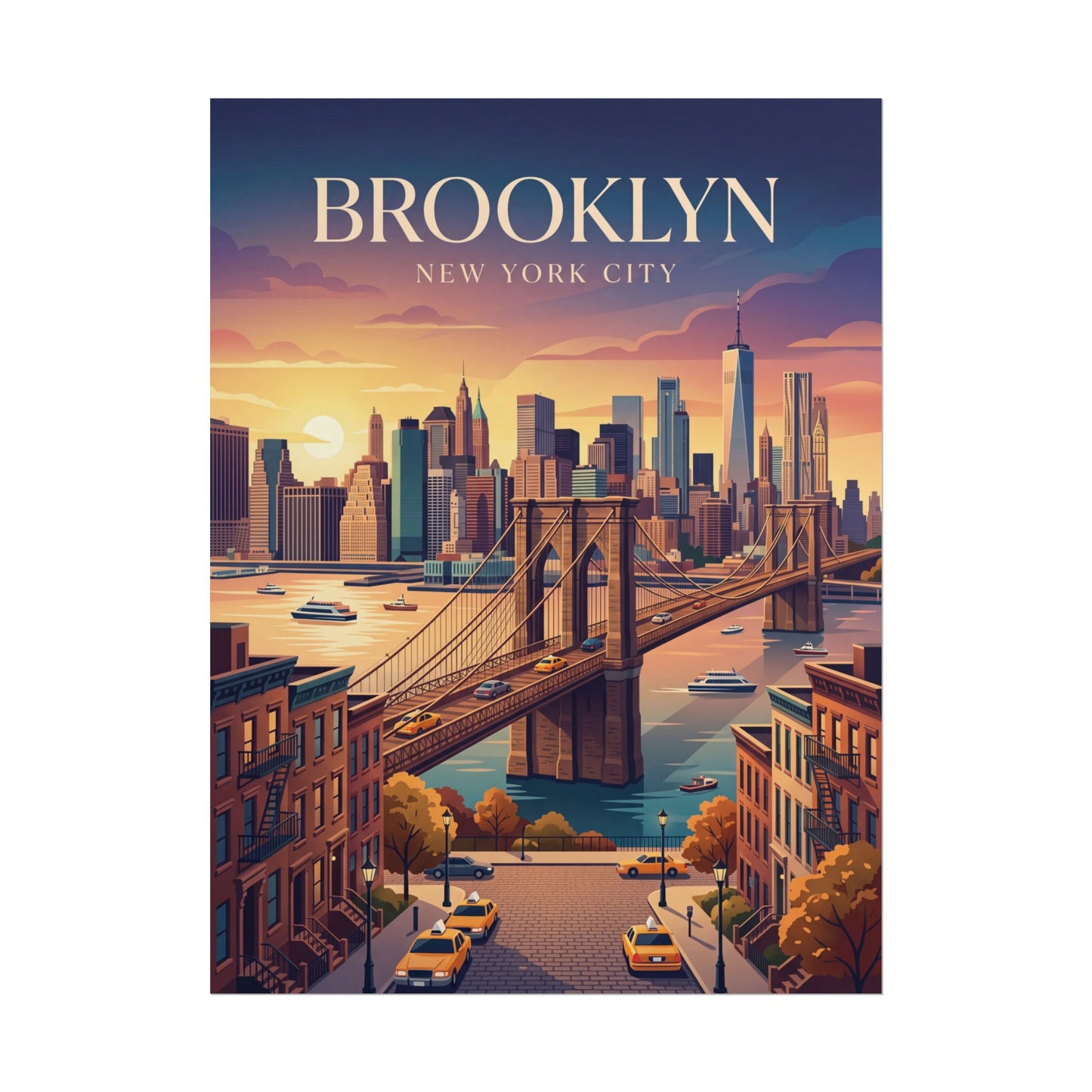 Rolled poster showing Brooklyn skyline sunset and bridge, with title lettering