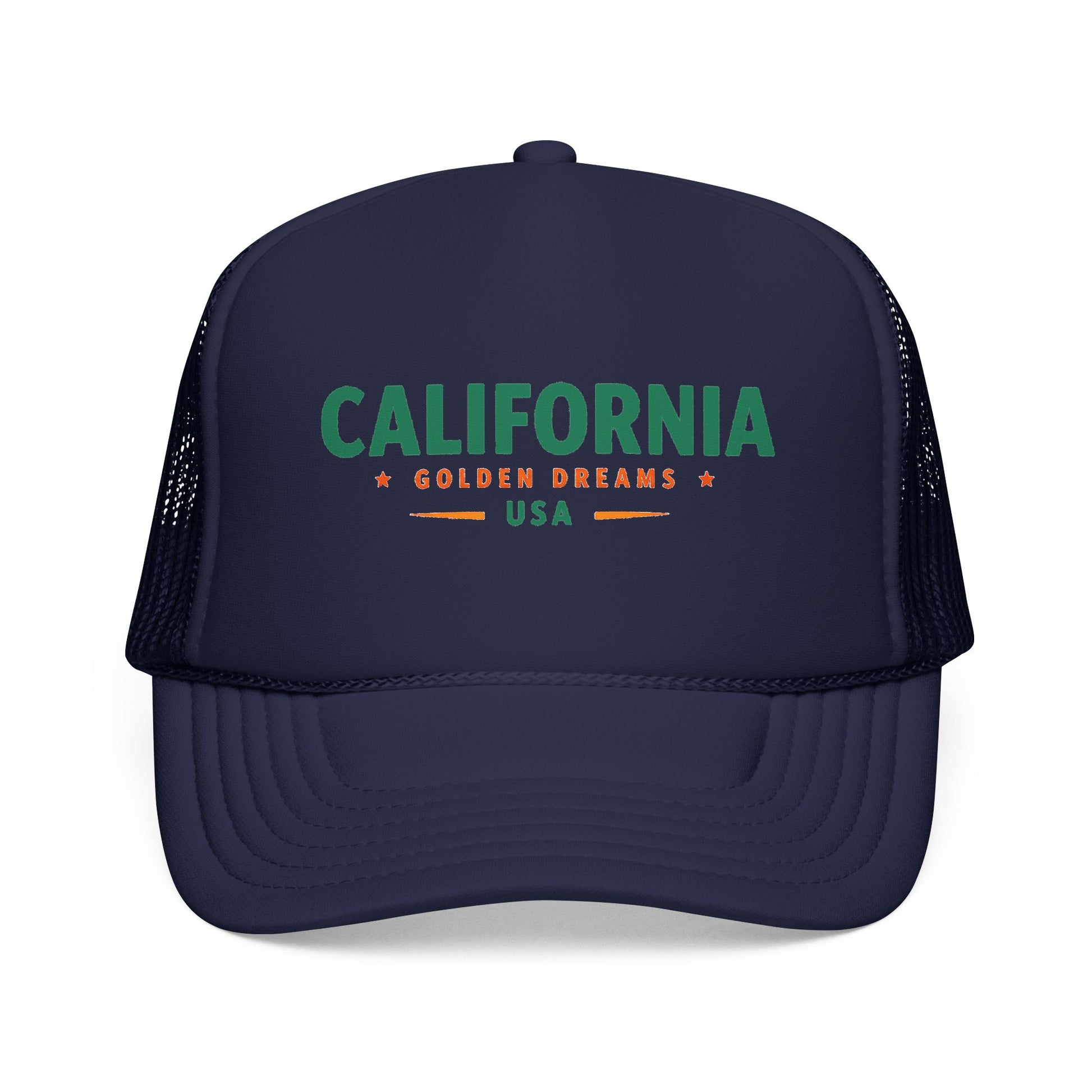 Dark navy trucker hat with green California graphic and black mesh sides