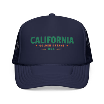 Dark navy trucker hat with green California graphic and black mesh sides