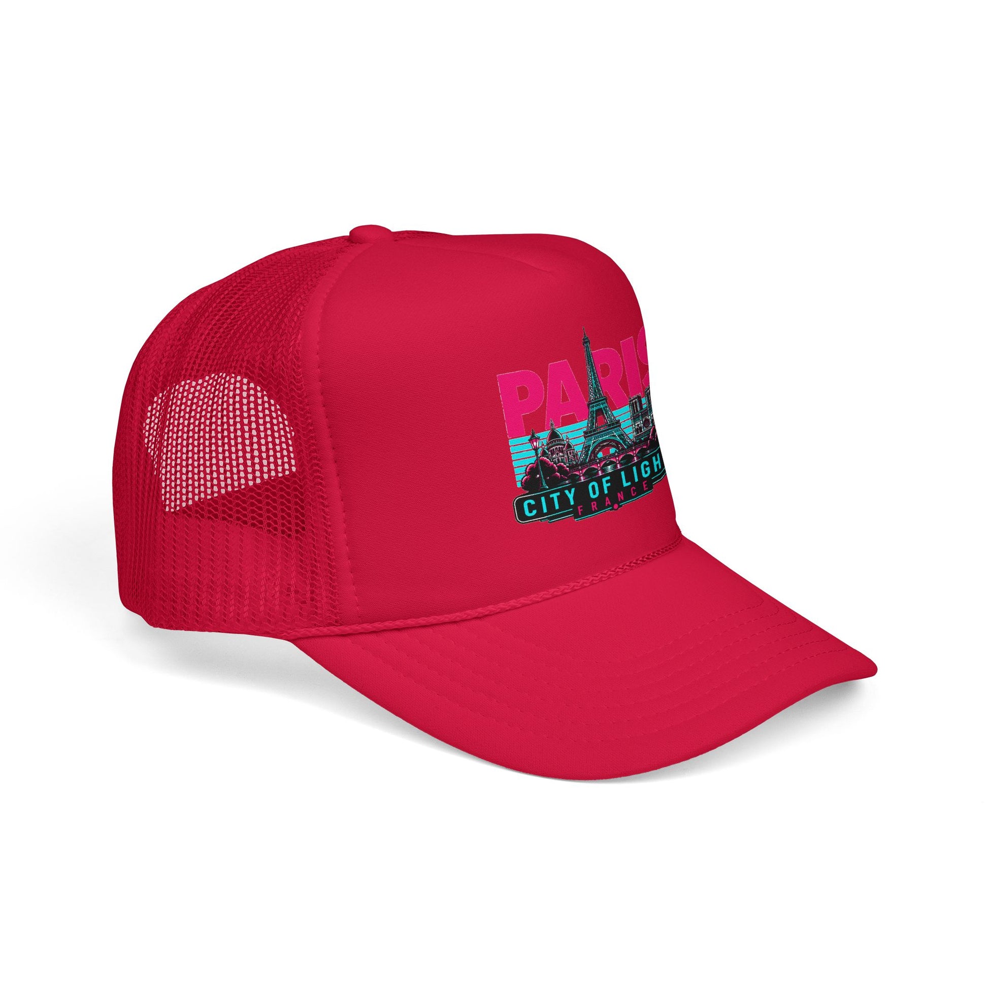 Red trucker hat with mesh side panels and “PARIS City of Lights” graphic on the front.