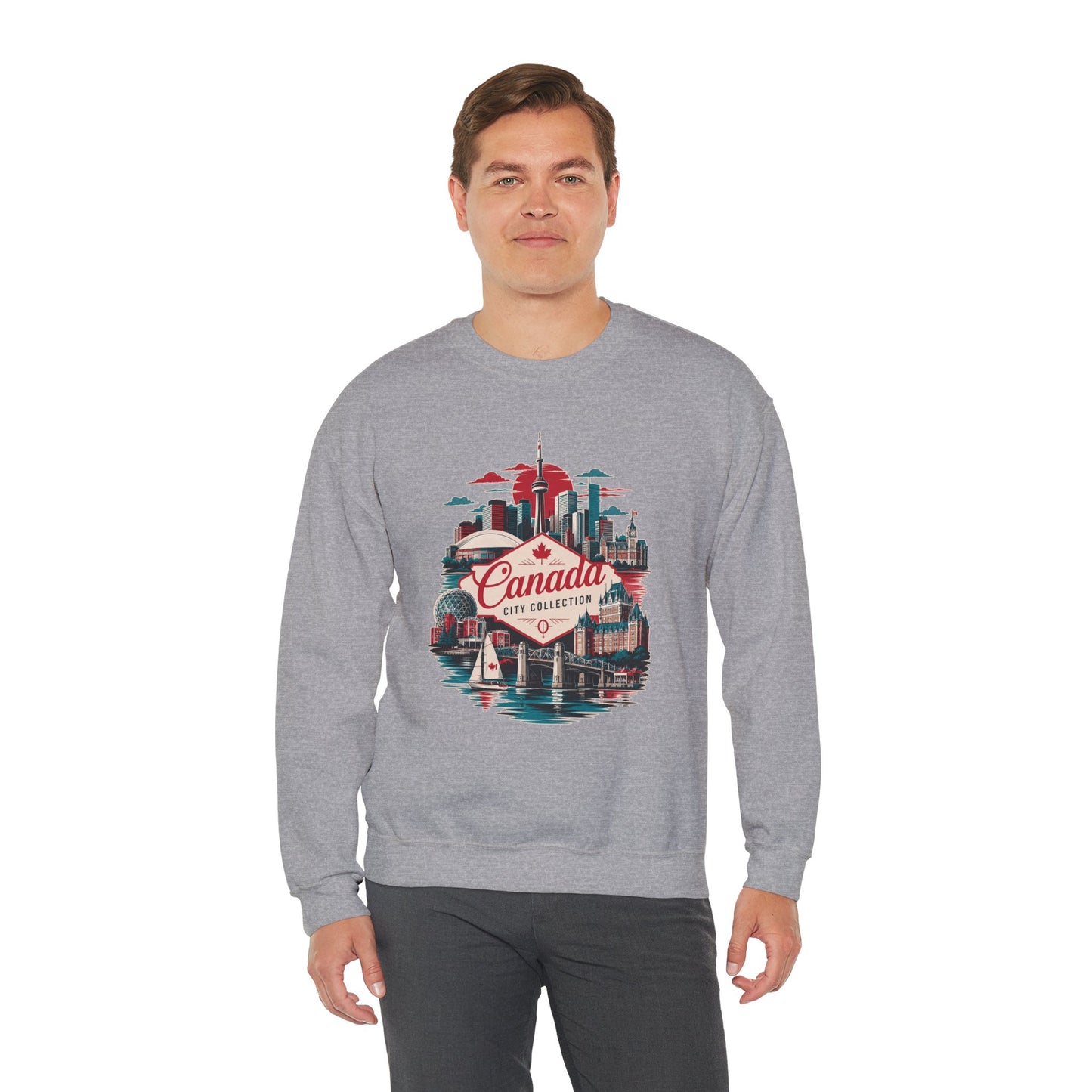 Men's crewneck sweatshirt in sport grey with colorful Canada skyline graphic on front