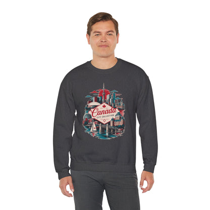 Dark crewneck sweatshirt with colorful Canada city skyline graphic on the chest.