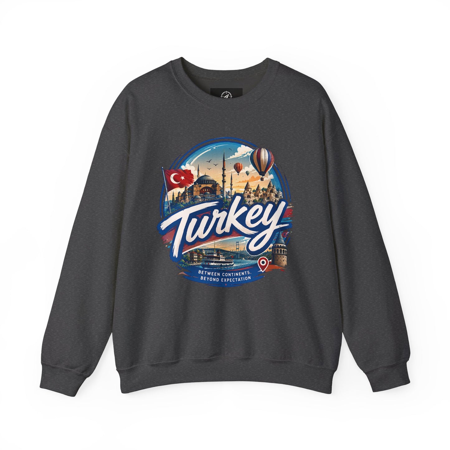 Dark gray crewneck sweatshirt with retro “Turkey” graphic on the chest