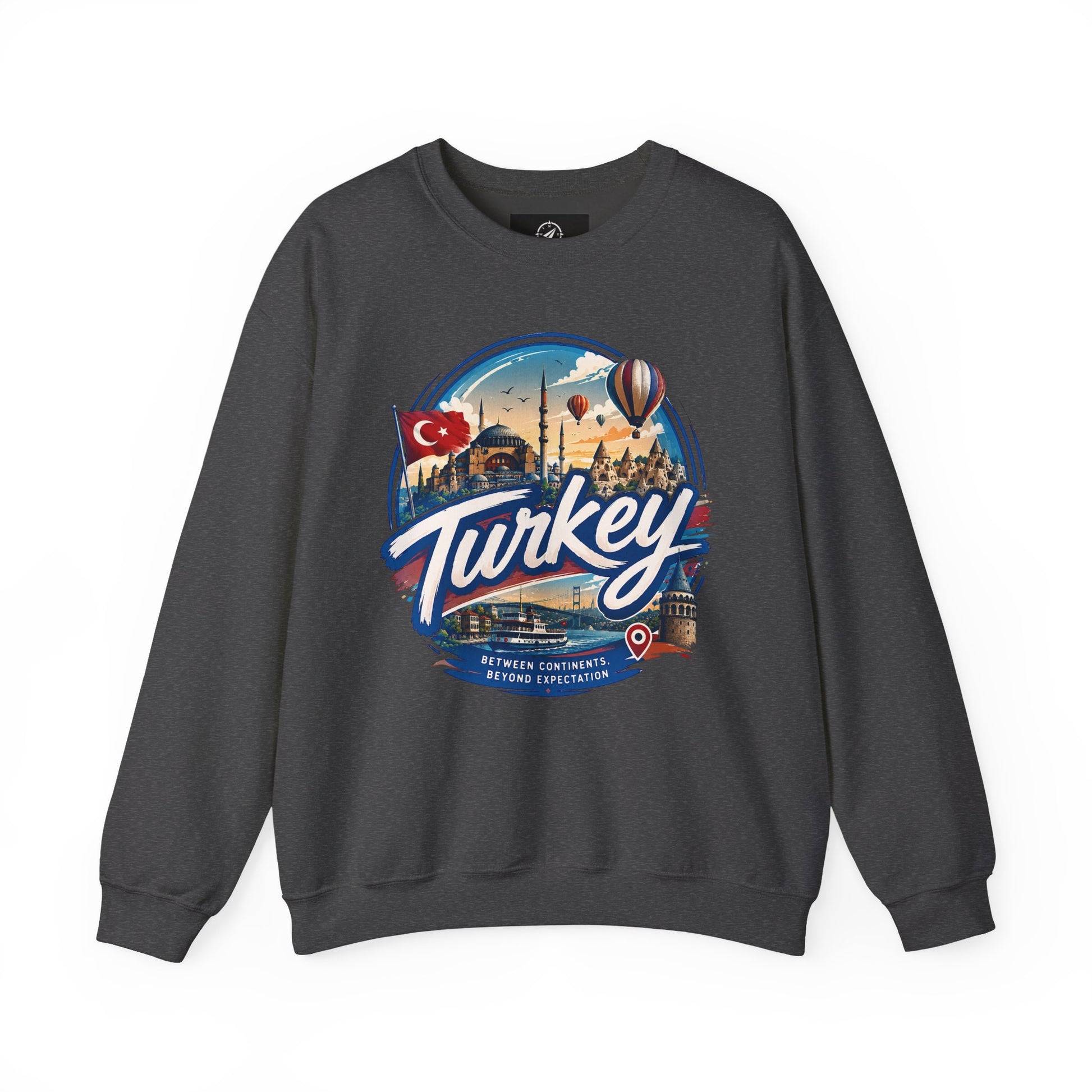 Dark gray crewneck sweatshirt with retro “Turkey” graphic on the chest