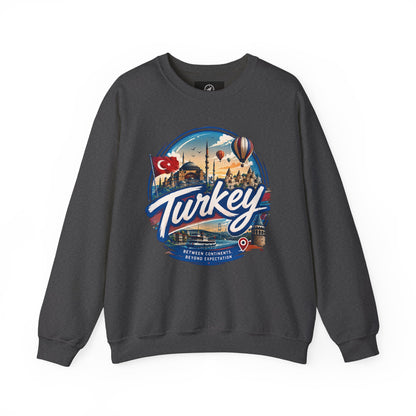 Dark gray crewneck sweatshirt with retro “Turkey” graphic on the chest
