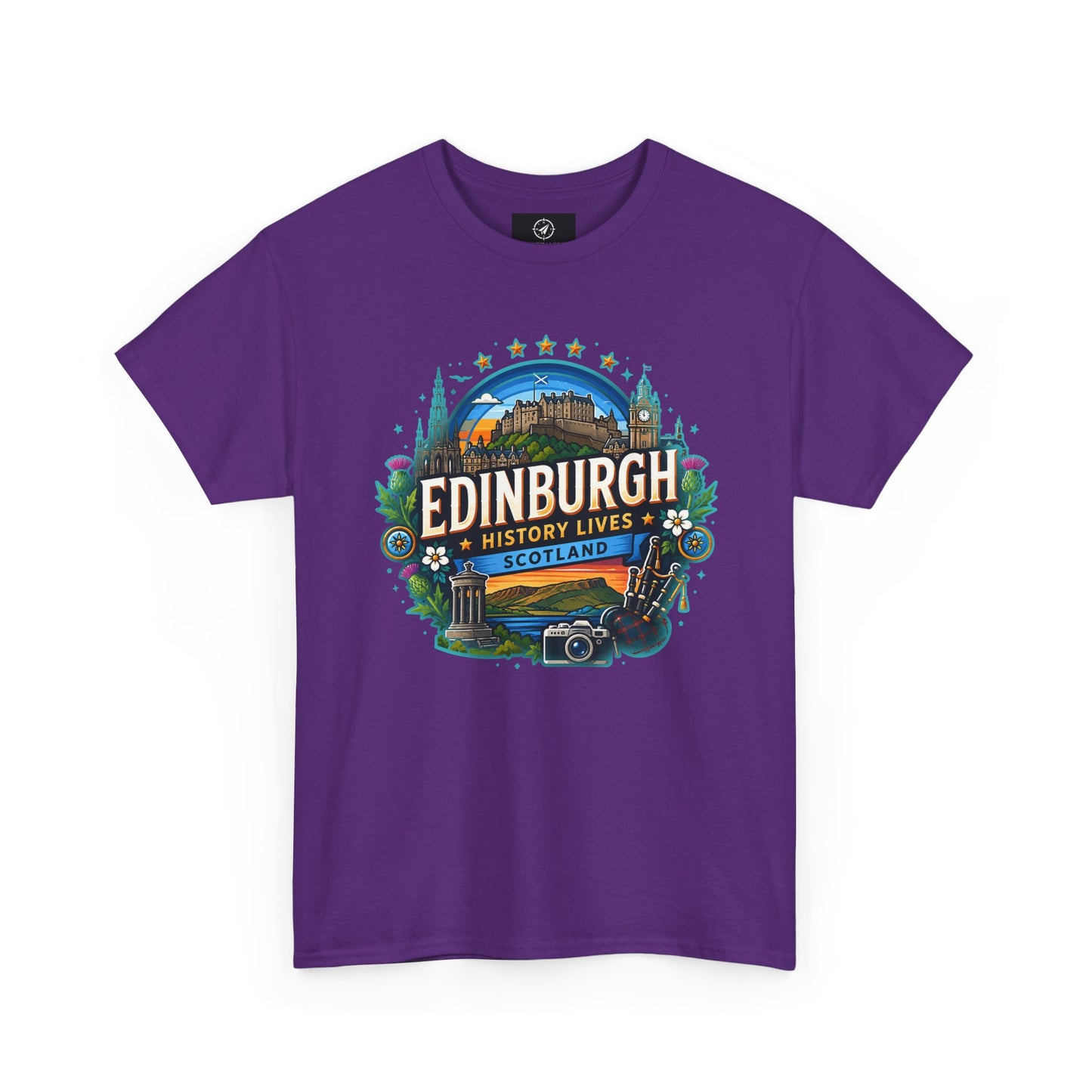 Purple crew-neck travel T-shirt with colorful Edinburgh graphic on the front