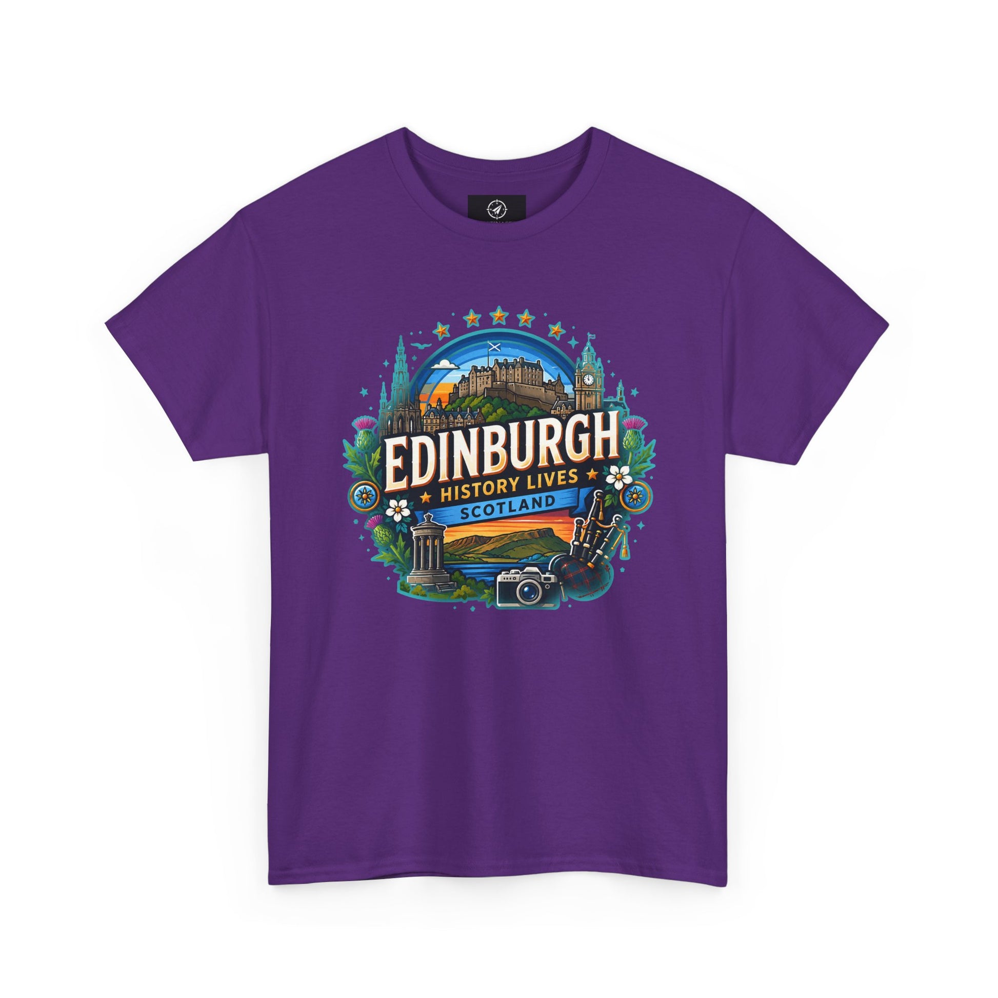 Purple crew-neck travel T-shirt with colorful Edinburgh graphic on the front