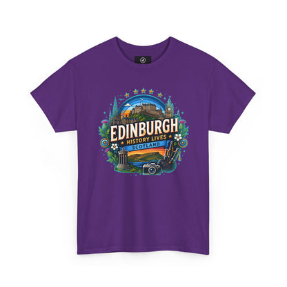 Purple crew-neck travel T-shirt with colorful Edinburgh graphic on the front
