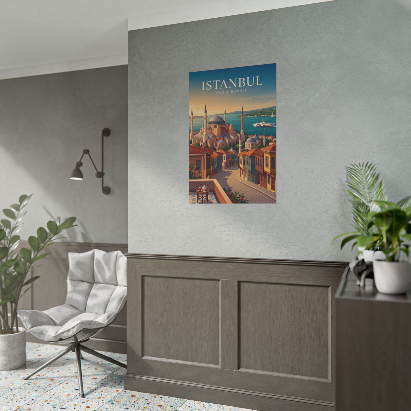 Istanbul cityscape travel poster featuring Hagia Sophia domes and colorful buildings