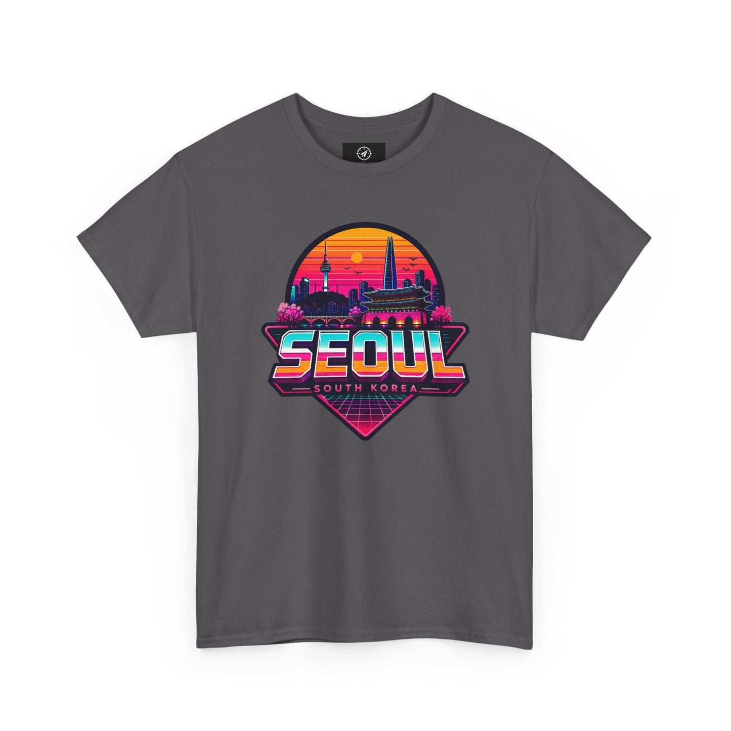 Charcoal dark gray t-shirt with front Seoul South Korea heart skyline graphic