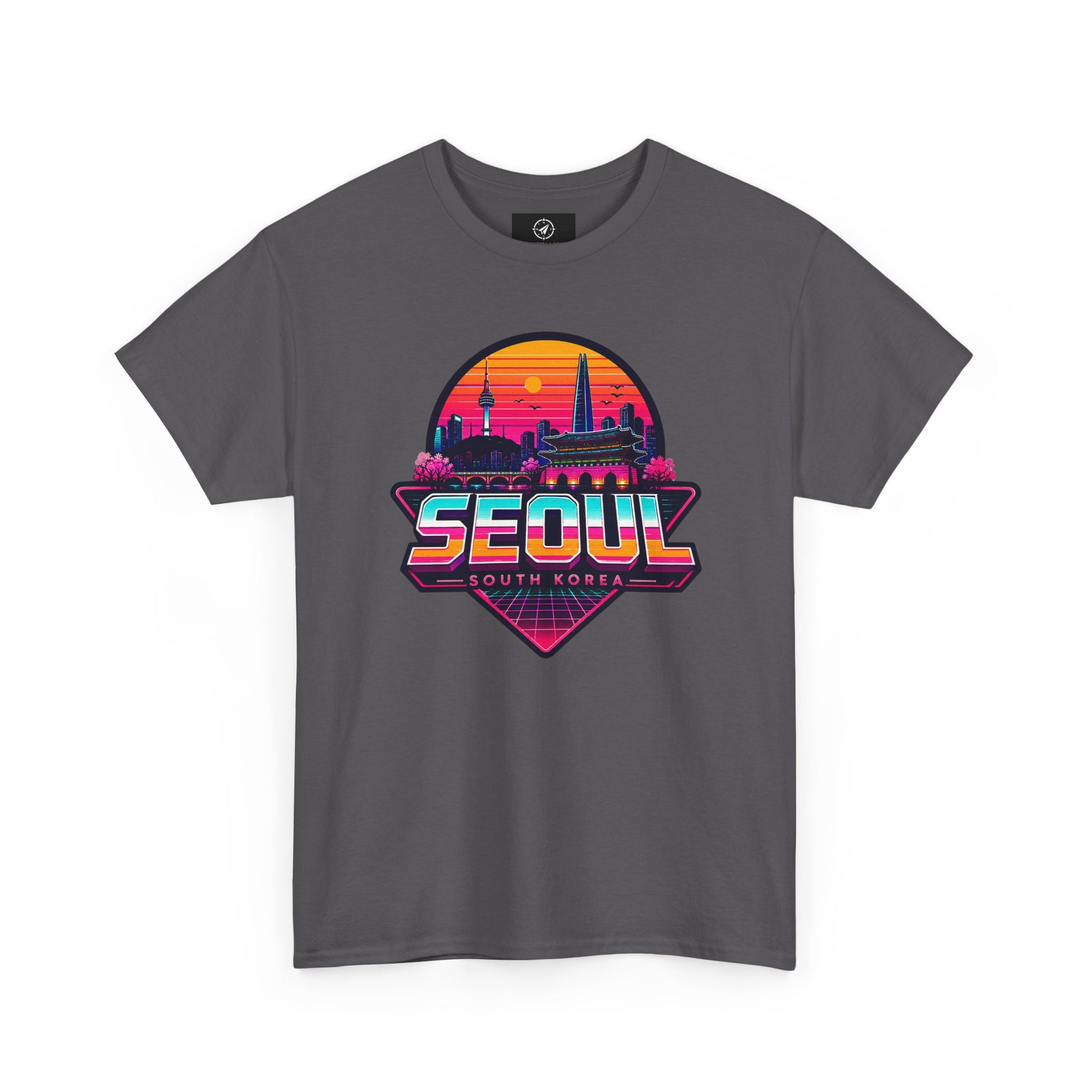 Charcoal dark gray t-shirt with front Seoul South Korea heart skyline graphic