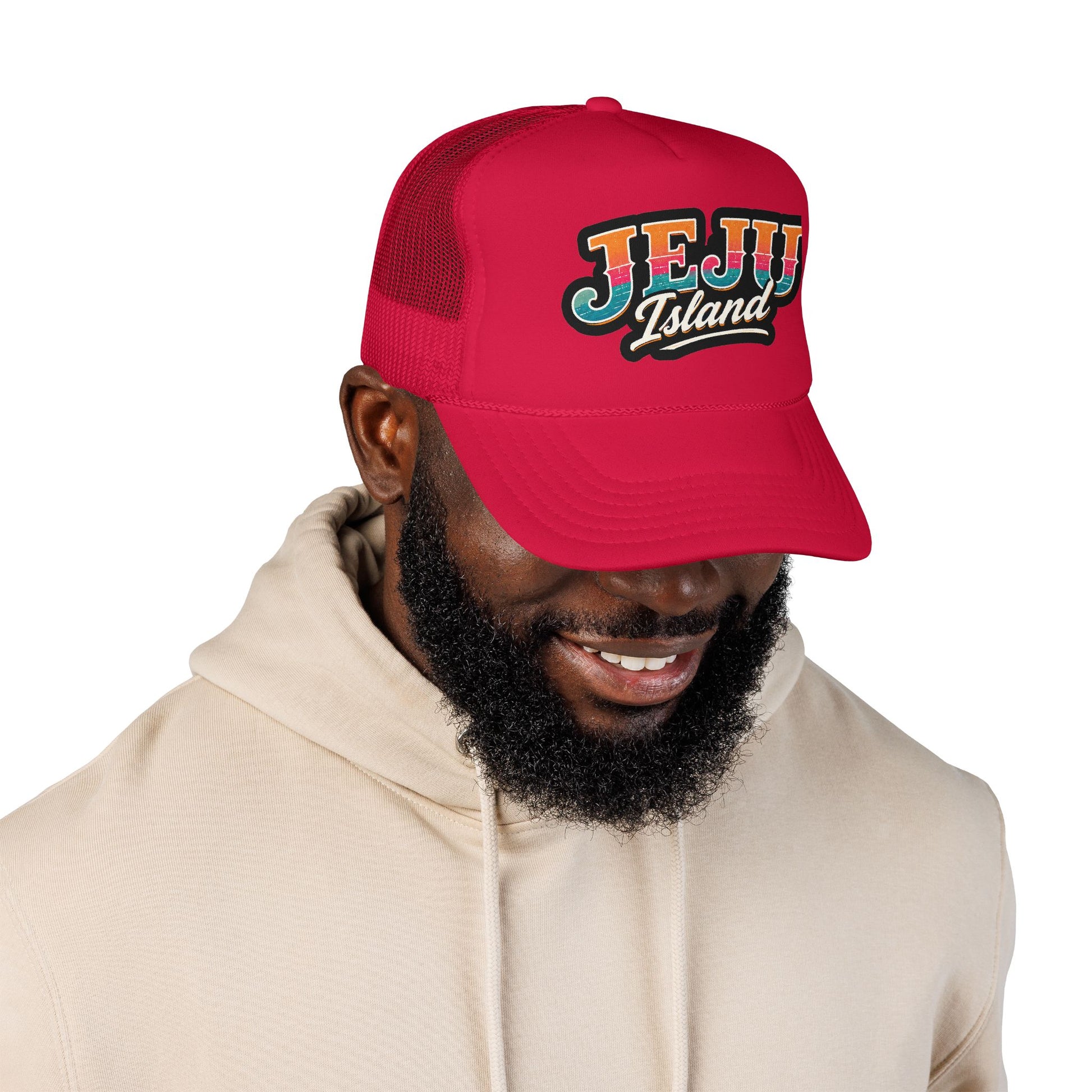 Foam trucker hat in red with mesh back and front logo patch