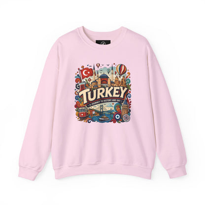 Light pink crewneck sweatshirt with Turkey travel graphic on front