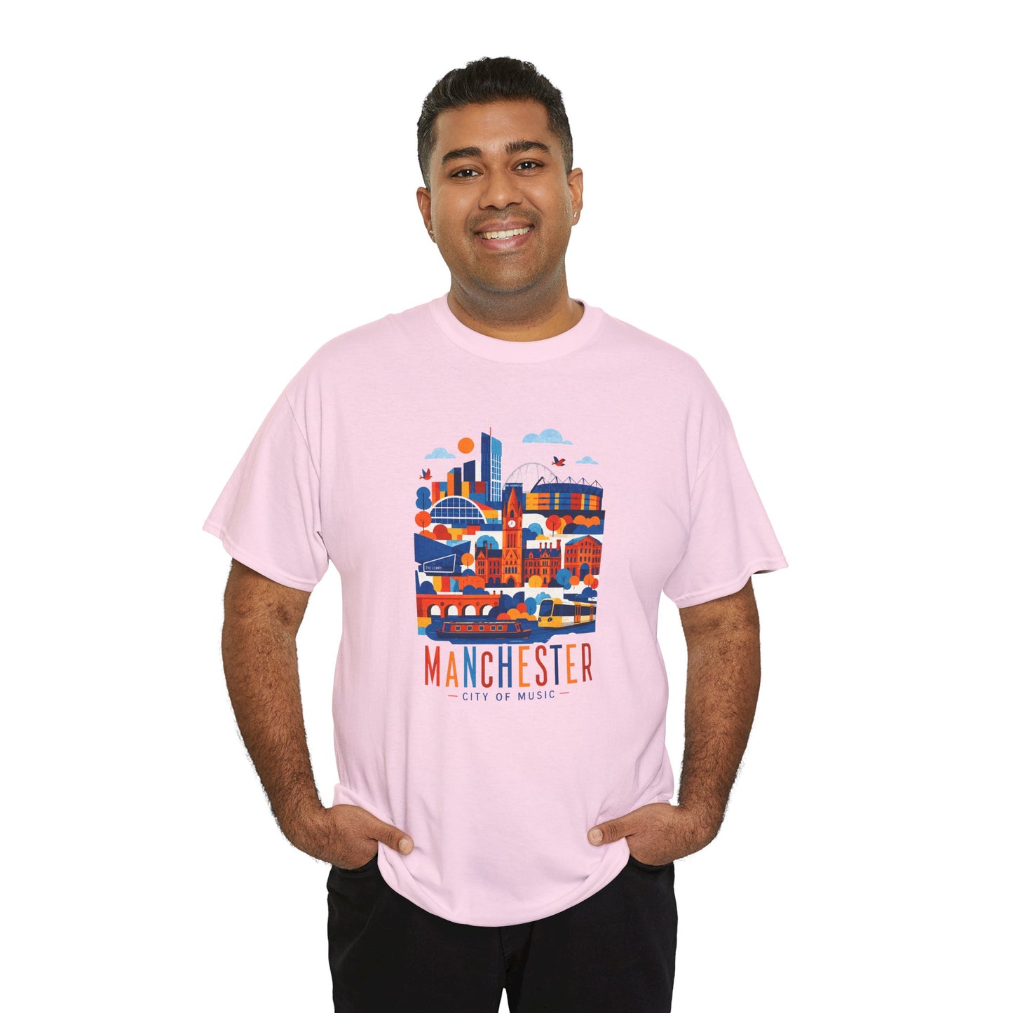 Pink Manchester Skyline T-shirt on model with colorful Manchester city artwork.