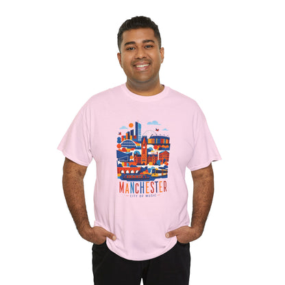 Pink Manchester Skyline T-shirt on model with colorful Manchester city artwork.