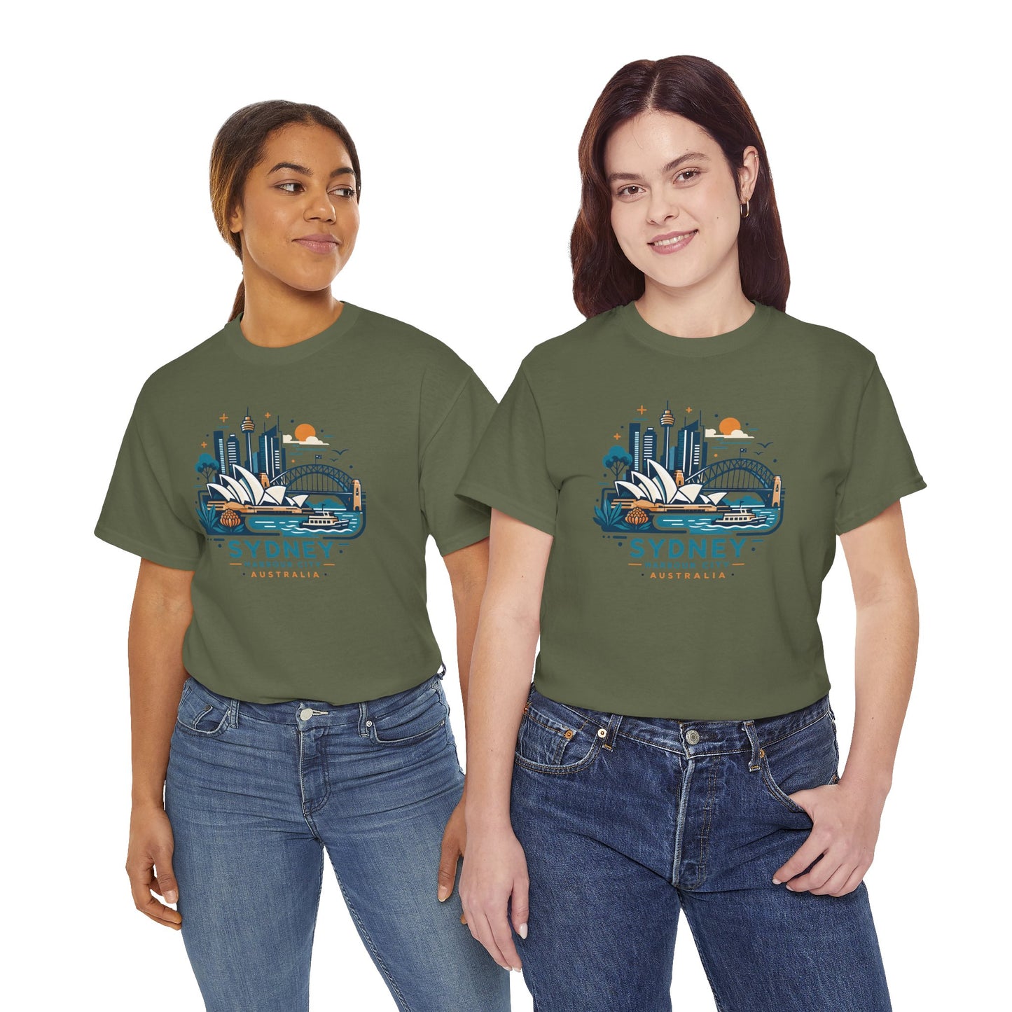 Olive green crew-neck T-shirt with Sydney cityscape graphic on the front and short sleeves.
