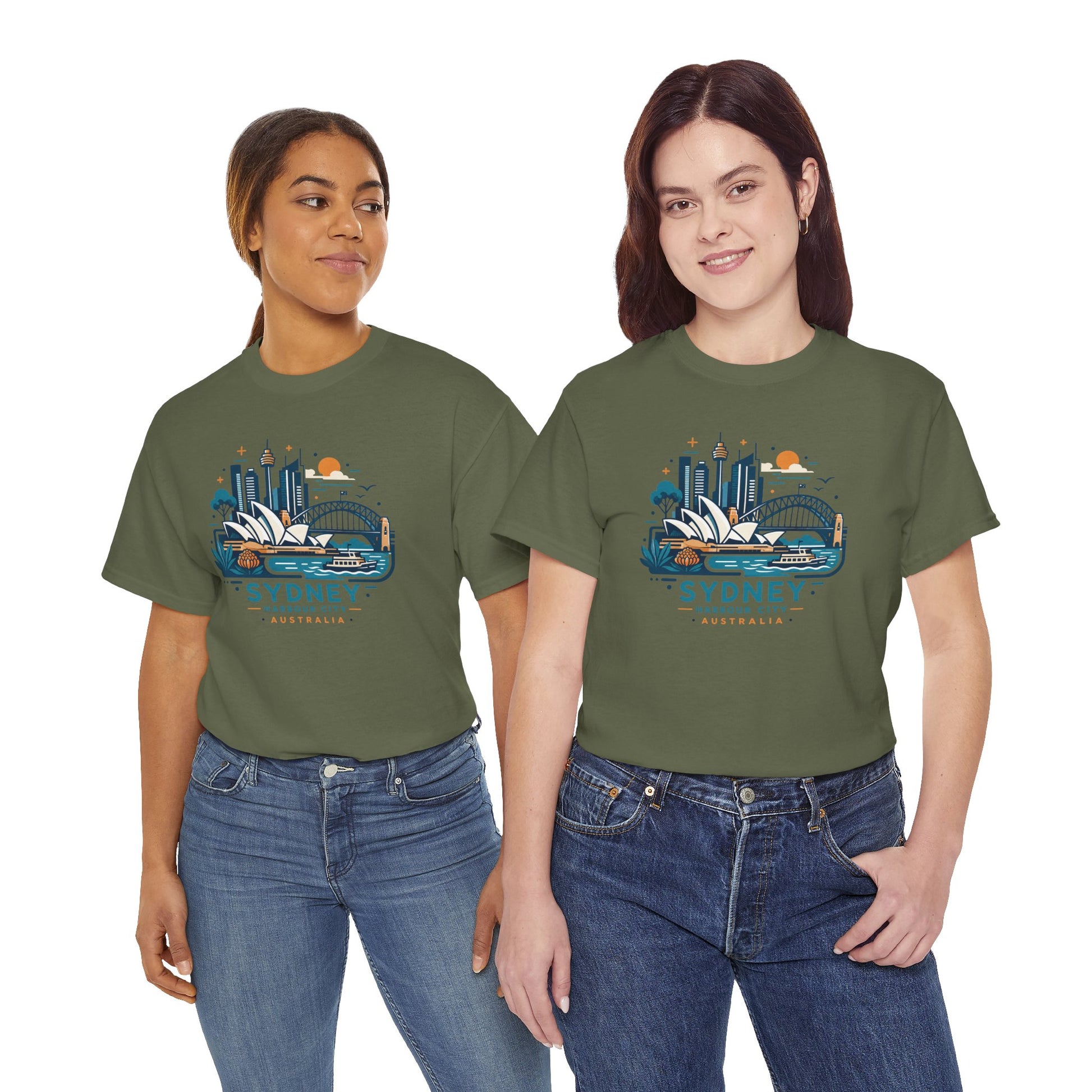 Olive green crew-neck T-shirt with Sydney cityscape graphic on the front and short sleeves.