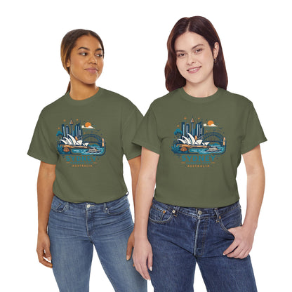Olive green crew-neck T-shirt with Sydney cityscape graphic on the front and short sleeves.