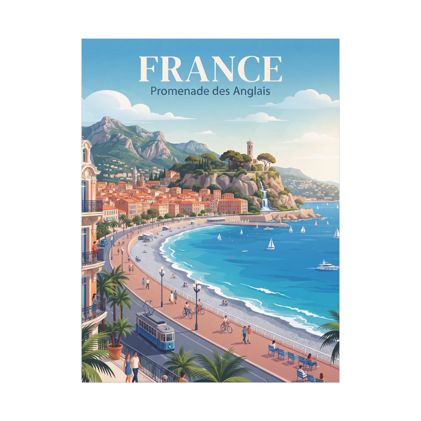 Vertical matte canvas wall art titled "FRANCE" with blue waves, boats, and seaside buildings.