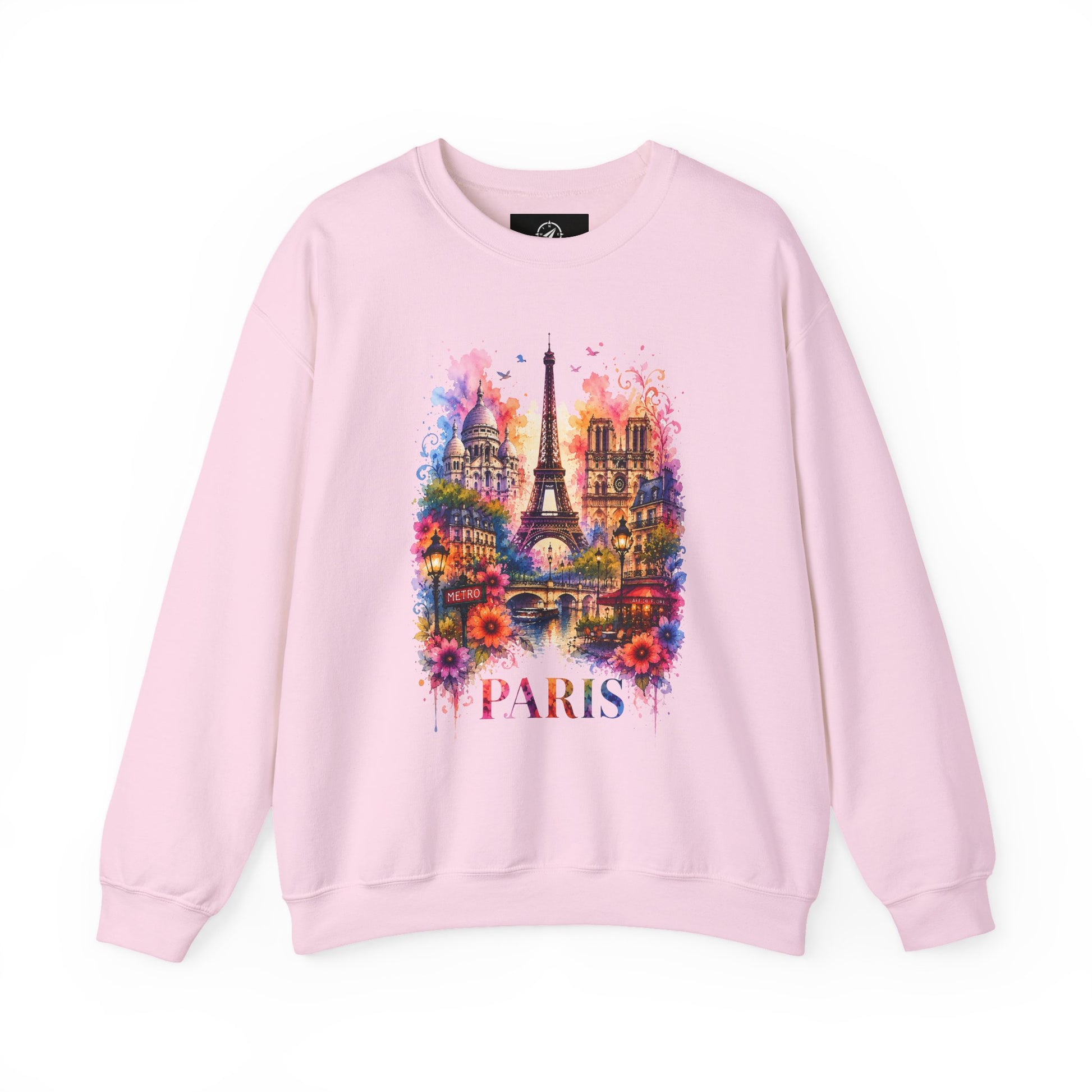 Pink sweatshirt with colorful Paris Eiffel Tower watercolor graphic on front