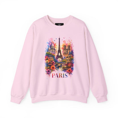 Pink sweatshirt with colorful Paris Eiffel Tower watercolor graphic on front