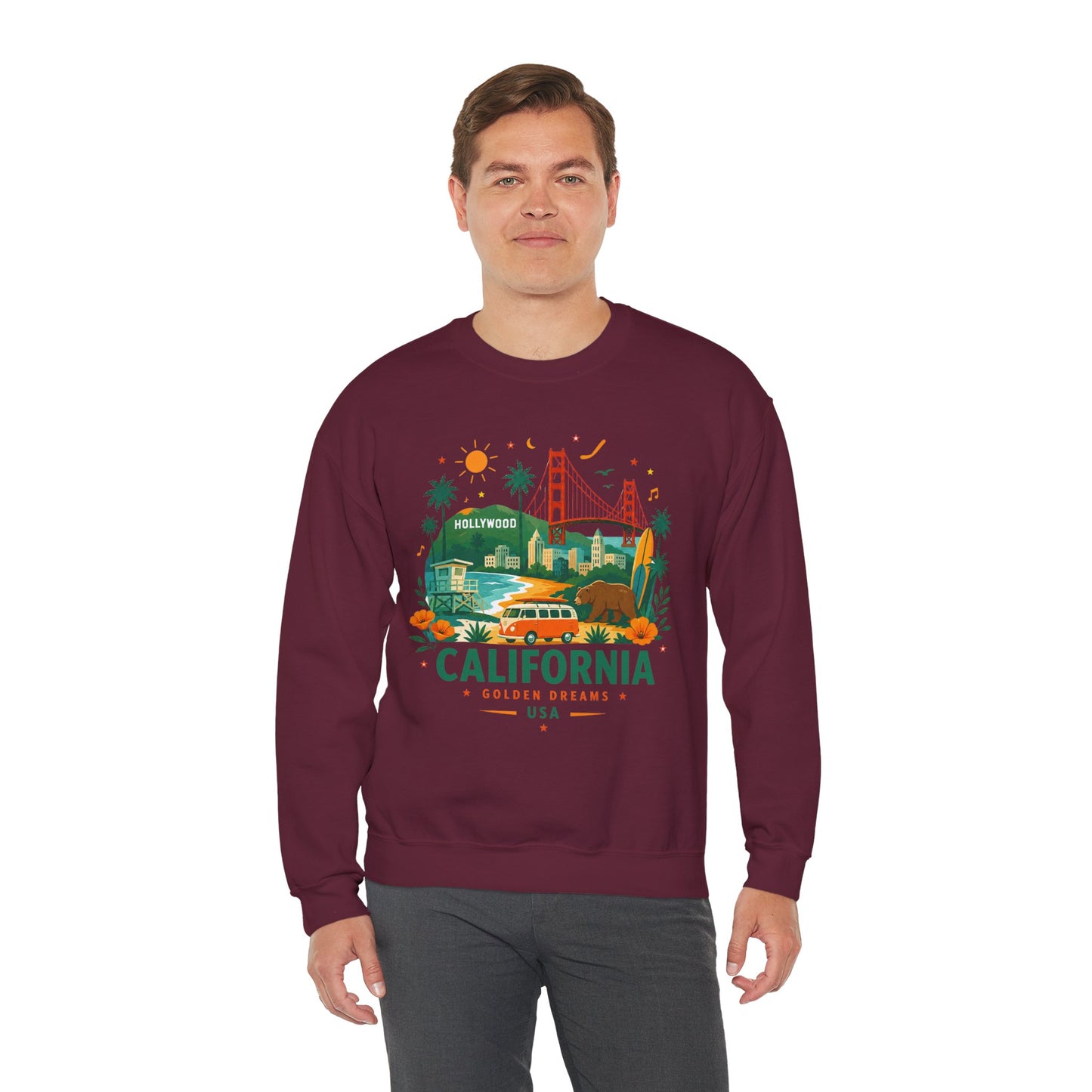 Maroon crewneck sweatshirt with California graphic on the front, long sleeves.