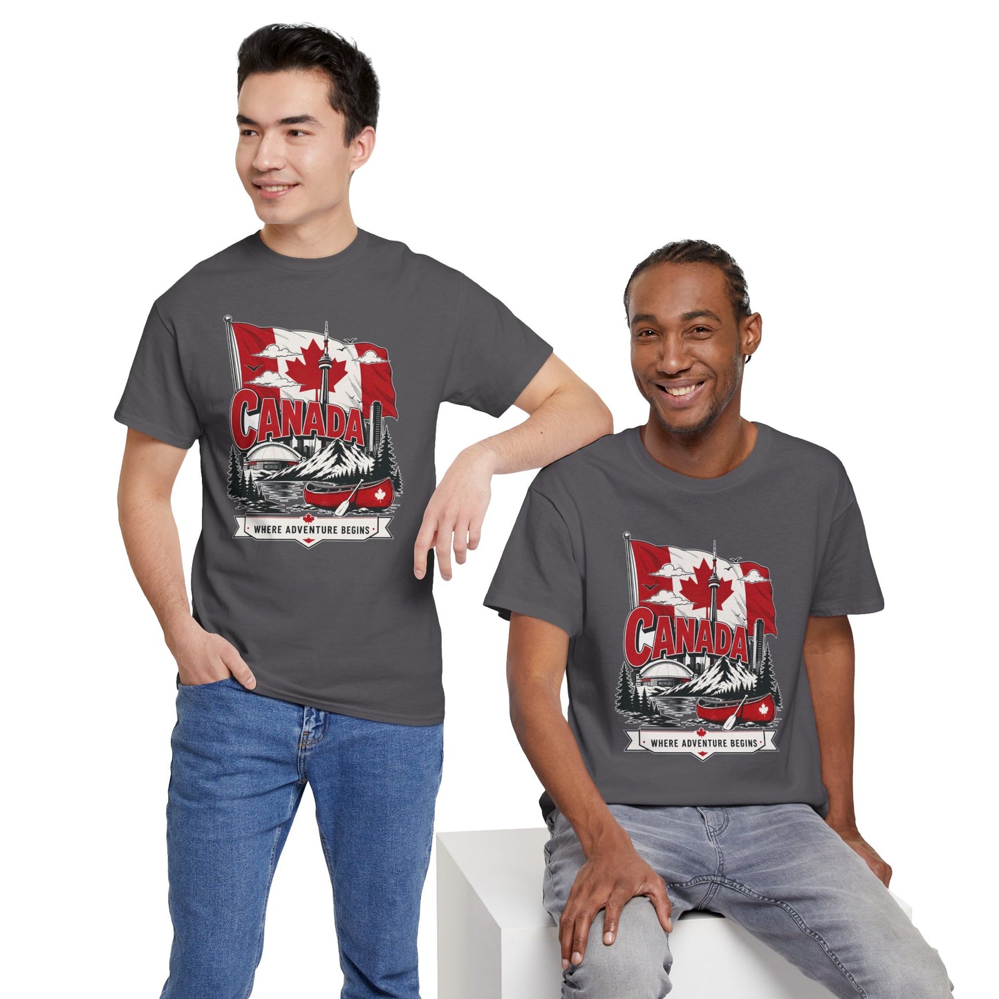 Charcoal crewneck t-shirt featuring a Canada graphic print at center chest