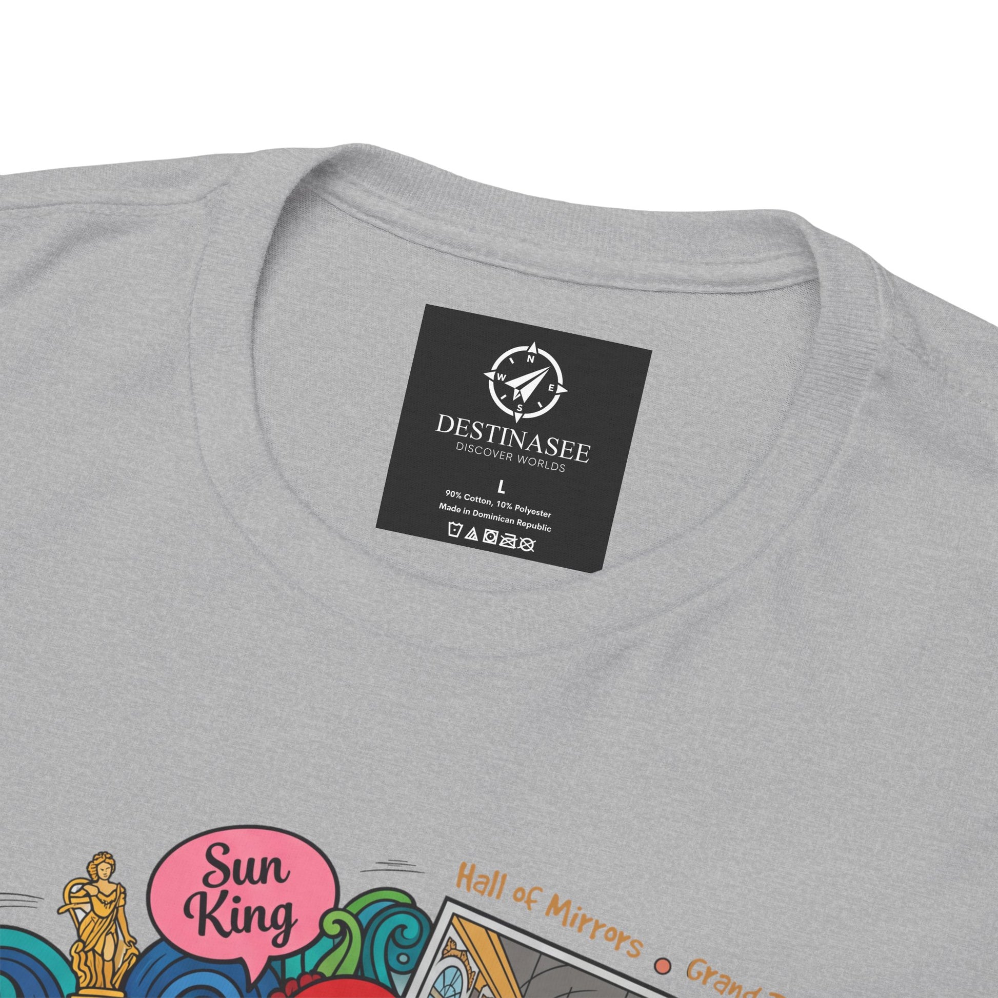 Light gray T-shirt close-up of crew neck label and partial “Versailles” graphic.