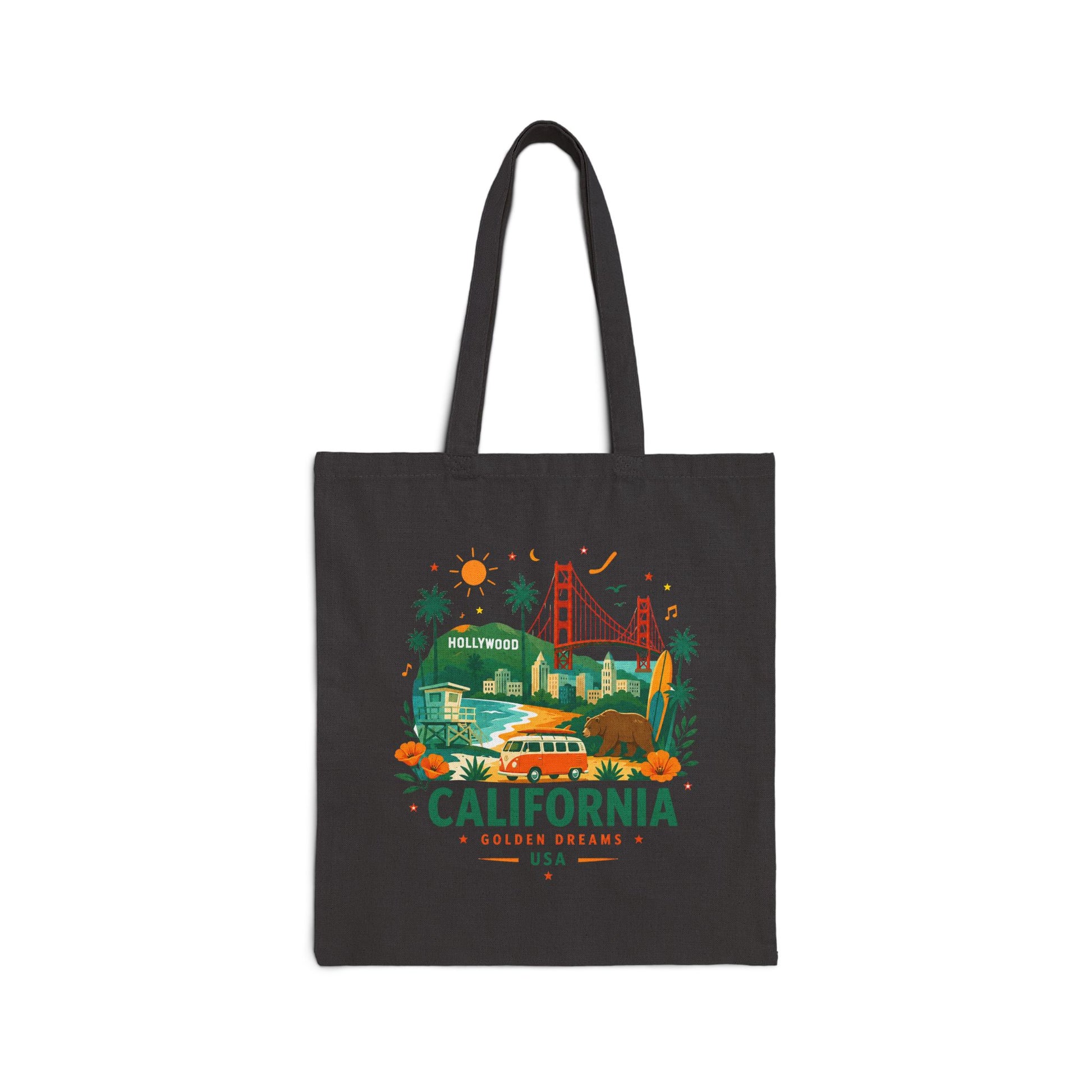 Black canvas tote bag with colorful California landscape graphic on front