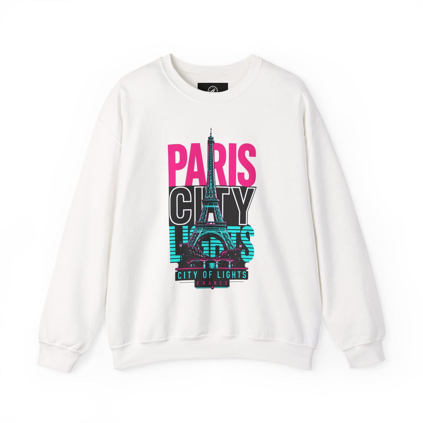 White crewneck sweatshirt with colorful "PARIS CITY" Eiffel Tower graphic on chest