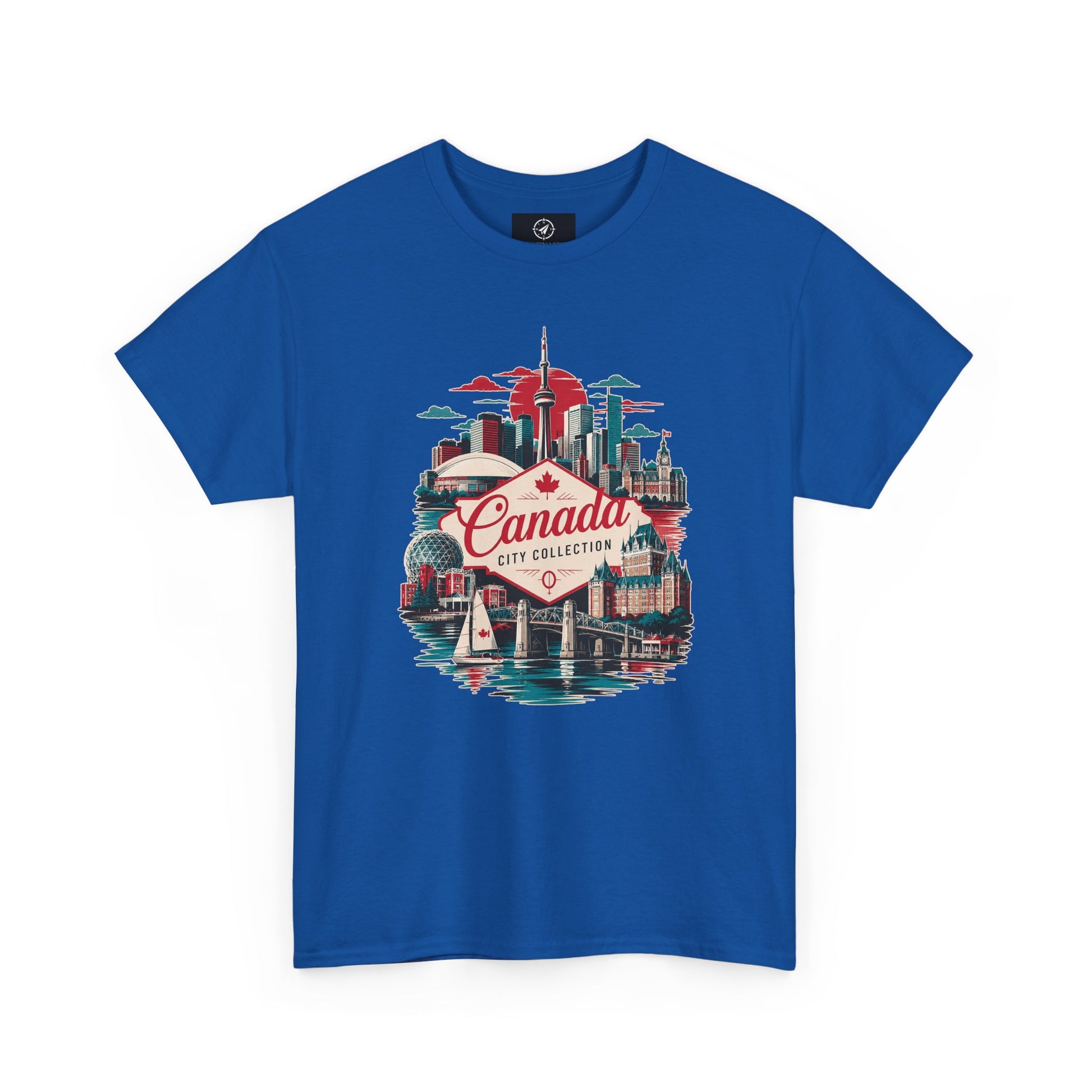 Royal blue crewneck T-shirt with front Canada City Collection skyline graphic