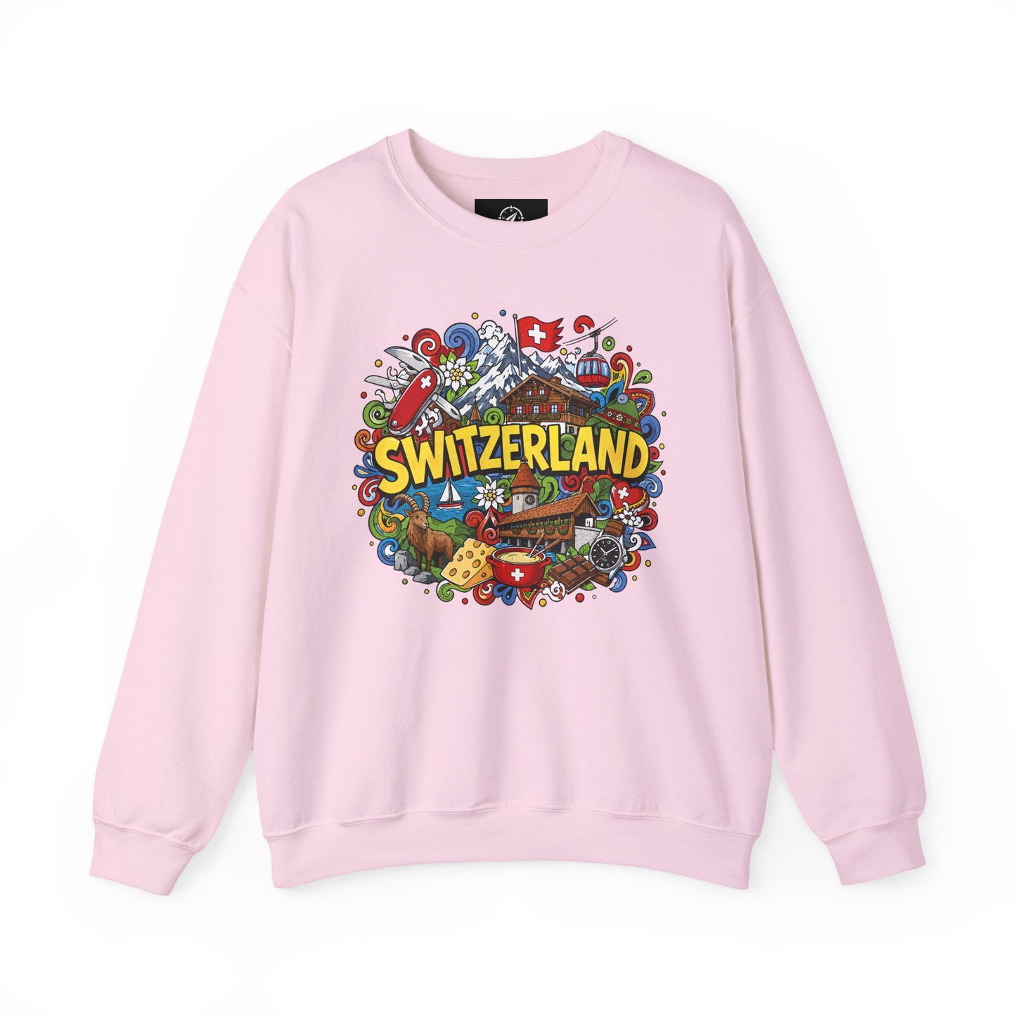 Light pink crewneck sweatshirt with colorful Switzerland graphic on the chest.