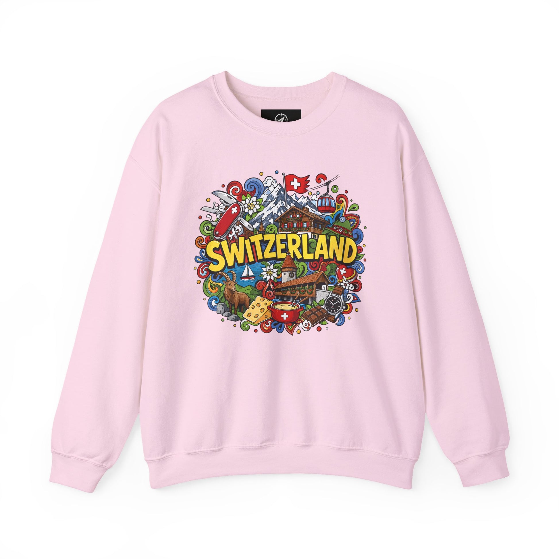 Light pink crewneck sweatshirt with colorful Switzerland graphic on the chest.